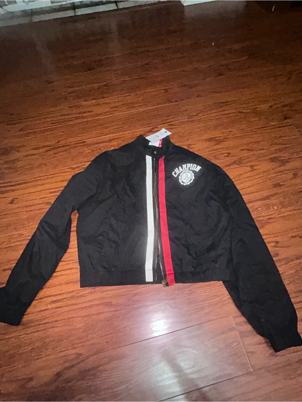 Champion Black Zip-Front Varsity Jacket with Red & White Stripes